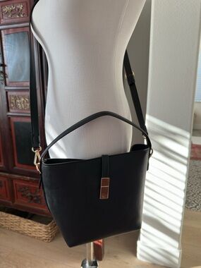 A New Day Classic Black Leather Crossbody Bag with Gold Accent